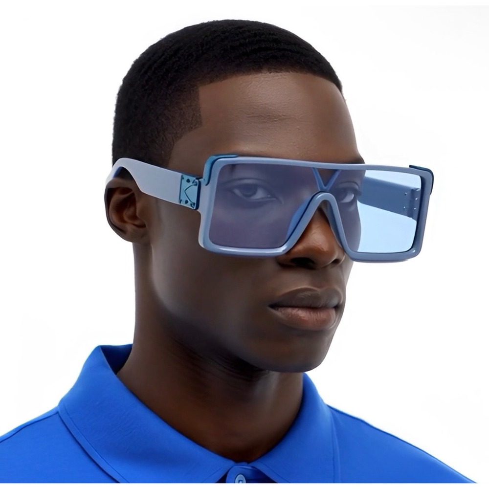 Mens Blue Oversized Square Shield‎ Sunglasses Futuristic Flat Top V-Bridge Shade